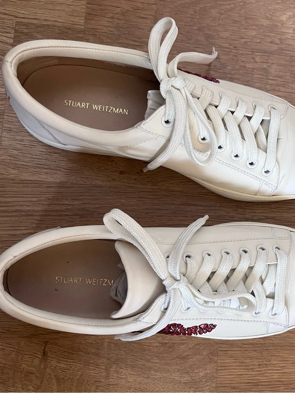 Stuart Weitzman White Leather Sneakers with Red and Pink Crystal Heart Accents